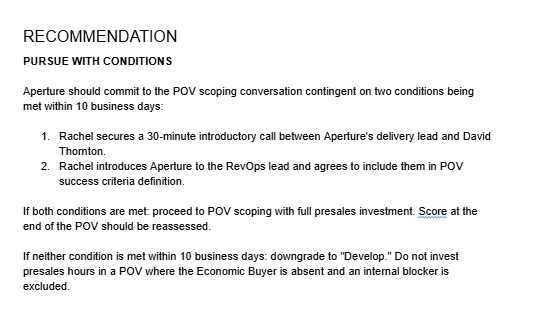 Sample PropelEdge conditional recommendation output from a real pursuit scenario